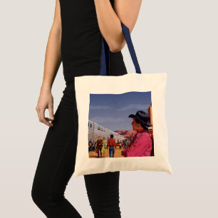 Oude inheemse Amerikaanse Indiaan bij een treinsta Tote Bag
