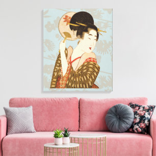 Oude Japanse Geisha-meisje in Kimono met waaier Canvas Afdruk