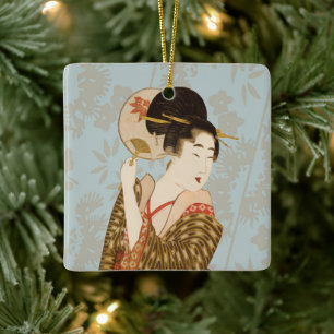 Oude Japanse Geisha-meisje in Kimono met waaier Keramisch Ornament