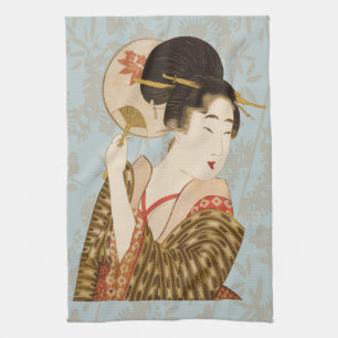 Oude Japanse Geisha-meisje in Kimono met waaier Theedoek