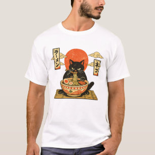 Oude Japanse Houtblokprint Zwart Kat Ramen T-shirt