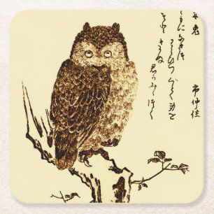 Oude Japanse inkt schets van een uil Vierkante Kartonnen Onderzetter