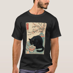 Oude Japanse kunst van zwarte kat die Ramen Noedel T-shirt