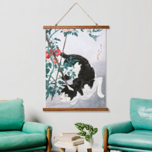 Oude Japanse Kunst Zwarte Witte Kat Tomaat Hangend Wandkleed