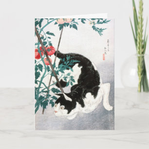 Oude Japanse Kunst Zwarte Witte Kat Tomaat Kaart