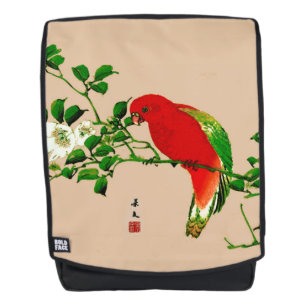Oude Japanse schildering van een papegaai, rood en Rugtassen