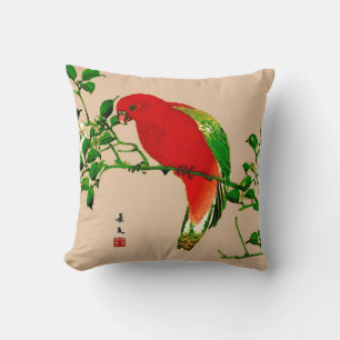 Oude Japanse Schildering van een Papegaai, Rood & Kussen