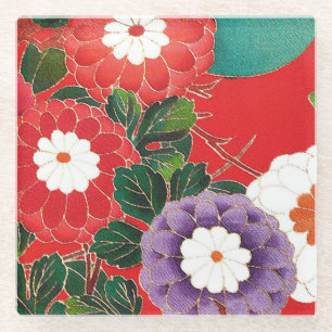Oude Japanse Textiel - Rode Dahlias Glazen Onderzetter