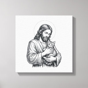 Oude Jezus met kat gravure afbeelding_1 Canvas Afdruk