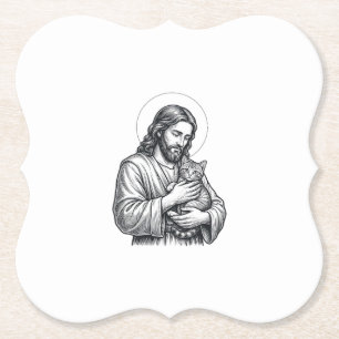 Oude Jezus met kat gravure afbeelding_1 Kartonnen Onderzetters
