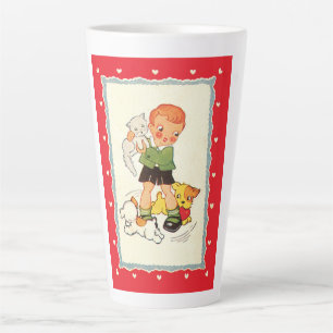 Oude jongen die een katje redt van racepuppy's latte mok