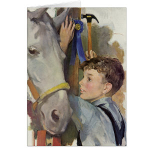 Oude jongen met zijn paard dat de blauwe lint wint