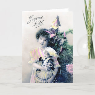 Oude Joyeux Noël met meisje en pop Feestdagen Kaart
