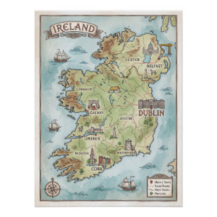 Oude kaart van Ierland - The Emerald Isle Poster Perfect Poster