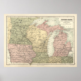 Oude kaart van Midwest staten, 1837. Poster