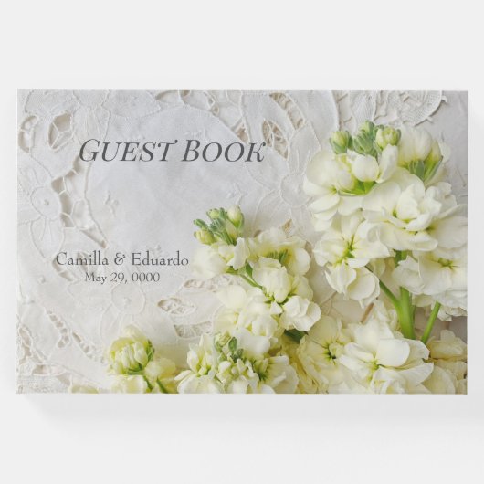 Oude kant met witte bloemen bruiloft gastenboek (Voorkant)