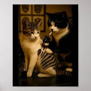 Oude kat die tatoeage rookt Getatoeëerde kat kunst Poster