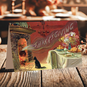 Oude kat Haard Kalkoen Diner Thanksgiving Feestdagen Kaart