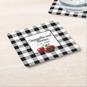 Oude kersen zwart wit geruit vierkante kartonnen onderzetter (Schuin)