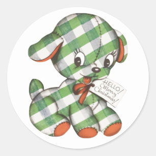 Oude Kerst Gingham Hond Knuffeldier Ronde Sticker