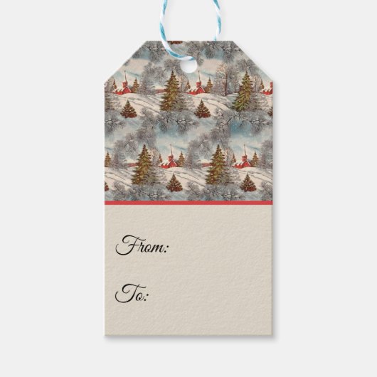 Oude Kerst Glitterend Winterdorp  Cadeaulabel (Voorkant)
