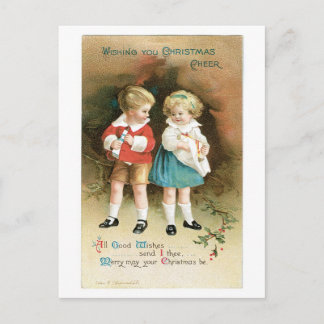 Oude kerst, jongen en meisje feestdagenkaart