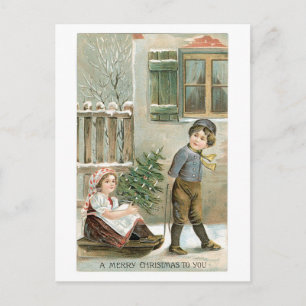 Oude kerst, jongen en meisje feestdagenkaart