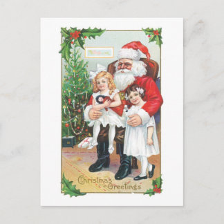Oude kerst, Kerstman met meisjes Feestdagenkaart