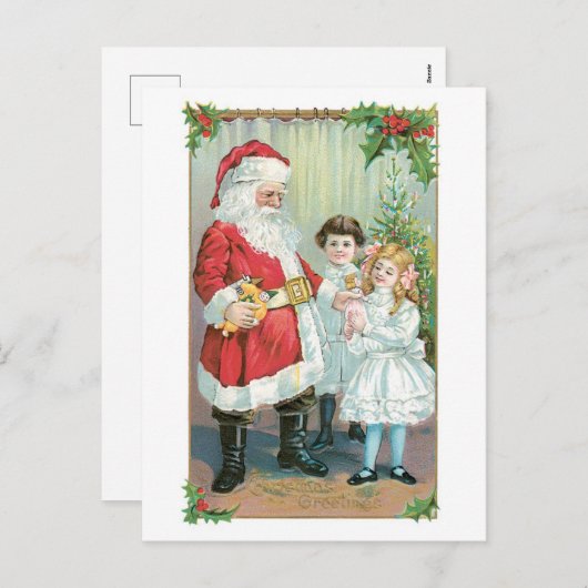 Oude kerst, Kerstman met meisjes Feestdagenkaart (Voorkant / Achterkant)
