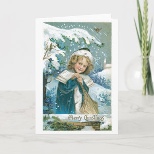 Oude kerst, meisje feestdagen kaart
