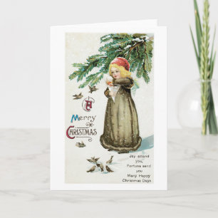 Oude kerst, meisje met vogels feestdagen kaart