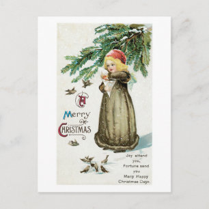 Oude kerst, meisje met vogels feestdagenkaart