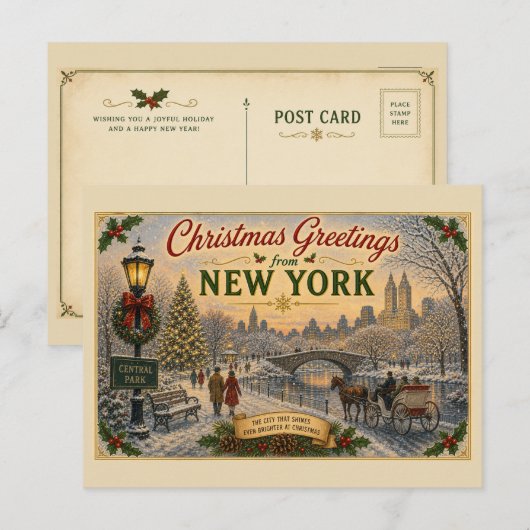 Oude Kerst Postkaart van Central Park (Voorkant / Achterkant)