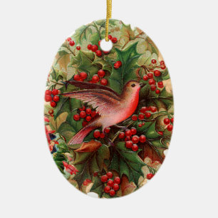 Oude kerst, Robin, Holly Keramisch Ornament