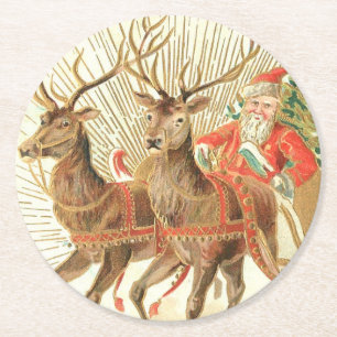 Oude kerstansichtkaart, Kerstman met rendieren Ronde Kartonnen Onderzetter
