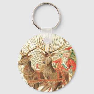 Oude kerstansichtkaart, Kerstman met rendieren Sleutelhanger