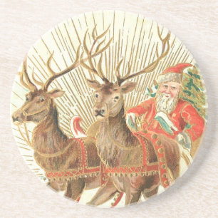 Oude Kerstansichtkaart, Kerstman met Rendieren Zandsteen Onderzetter