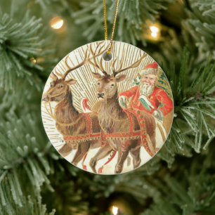 Oude kerstansichtkaart, Sinterklaas met rendieren Keramisch Ornament