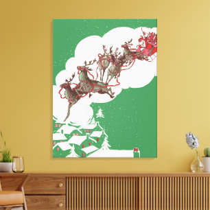 Oude Kerstavond, Retro Kerstman in slee Canvas Afdruk