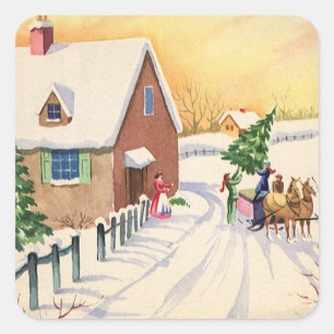 Oude kerstboom op een besneeuwde winterweg vierkante sticker