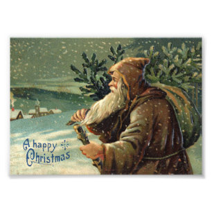 =Oude kerstkaart, Kerstman en Boom Foto Afdruk