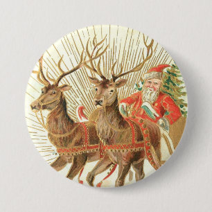 Oude Kerstkaart, Kerstman met Rendieren Ronde Button 7,6 Cm