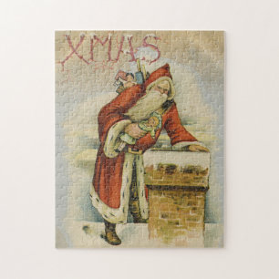 Oude kerstkaart, kerstman, schoorsteen legpuzzel