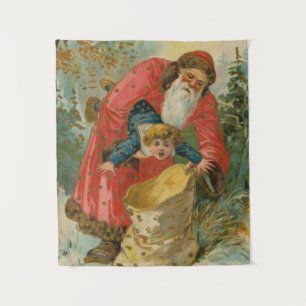 Oude kerstkaart, kerstman, stout kind wandkleed