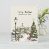 Oude kerstkaart met boom en huisje (Staand voorkant)