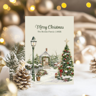 Oude kerstkaart met boom en huisje