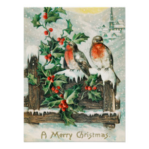 Oude kerstkaart met roodborstjes, hulst en kerk perfect poster