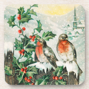 Oude kerstkaart met Roodborstjes, Hulst, Kerk Bier Onderzetter