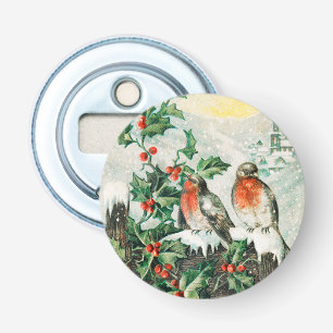 Oude kerstkaart met roodborstjes, hulst, kerk button flesopener