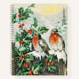 Oude kerstkaart met Roodborstjes, Hulst, Kerk Notitieboek